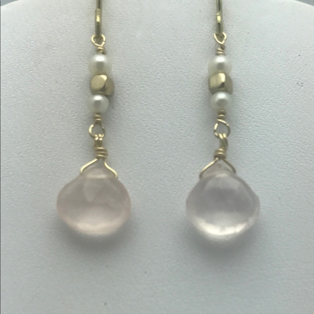 Rose quartz, freshwater pearl and gold earrings