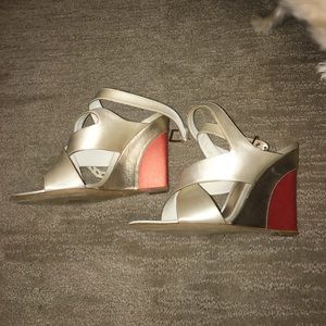 Louis Vuitton cream satin strap wedge