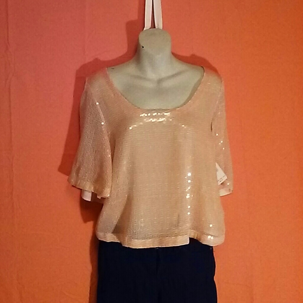 Free People Sequined Pearl Short Sleeve Top