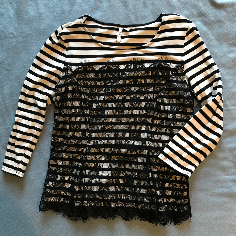 SOLD Elle black peplum top with lace overlay