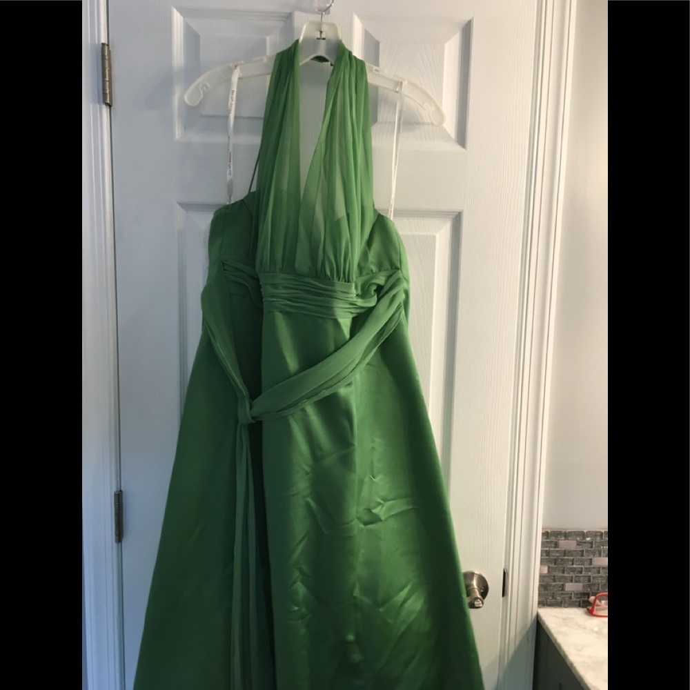David's Bridal satin dress with chiffon accents.