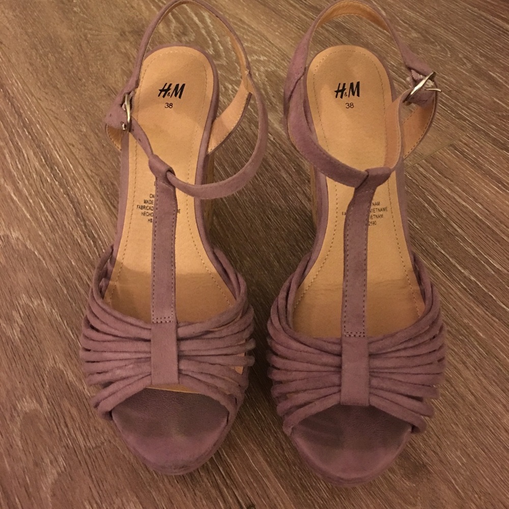 Purple straps, Cork wedge shoes