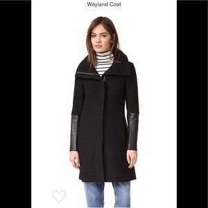 Club Monaco black wool coat w/ leather sleeve trim