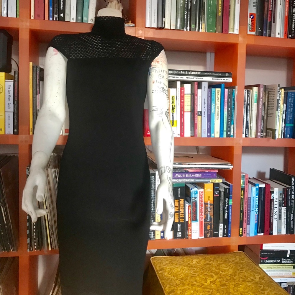 Heavy Weight Pencil Dress, High Collared Mesh.