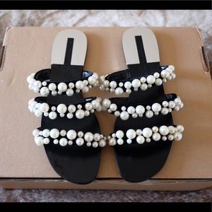 Zara Black Pearly Multi Strap Sandals 38/7-7.5