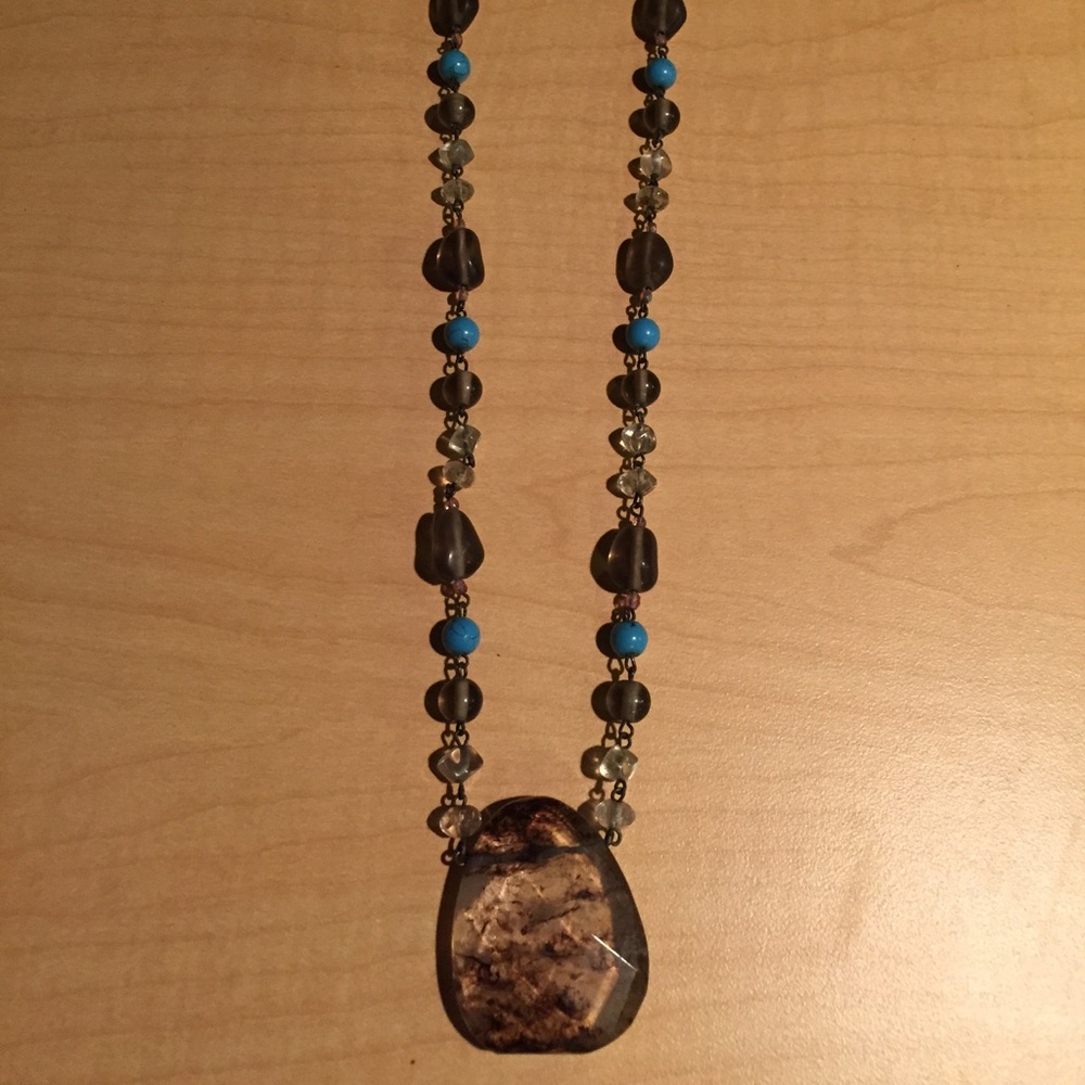 Long grey stone and turquoise necklace