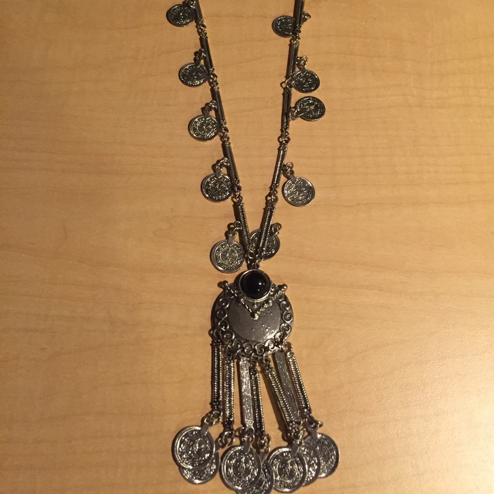 Long silver and black coin necklace