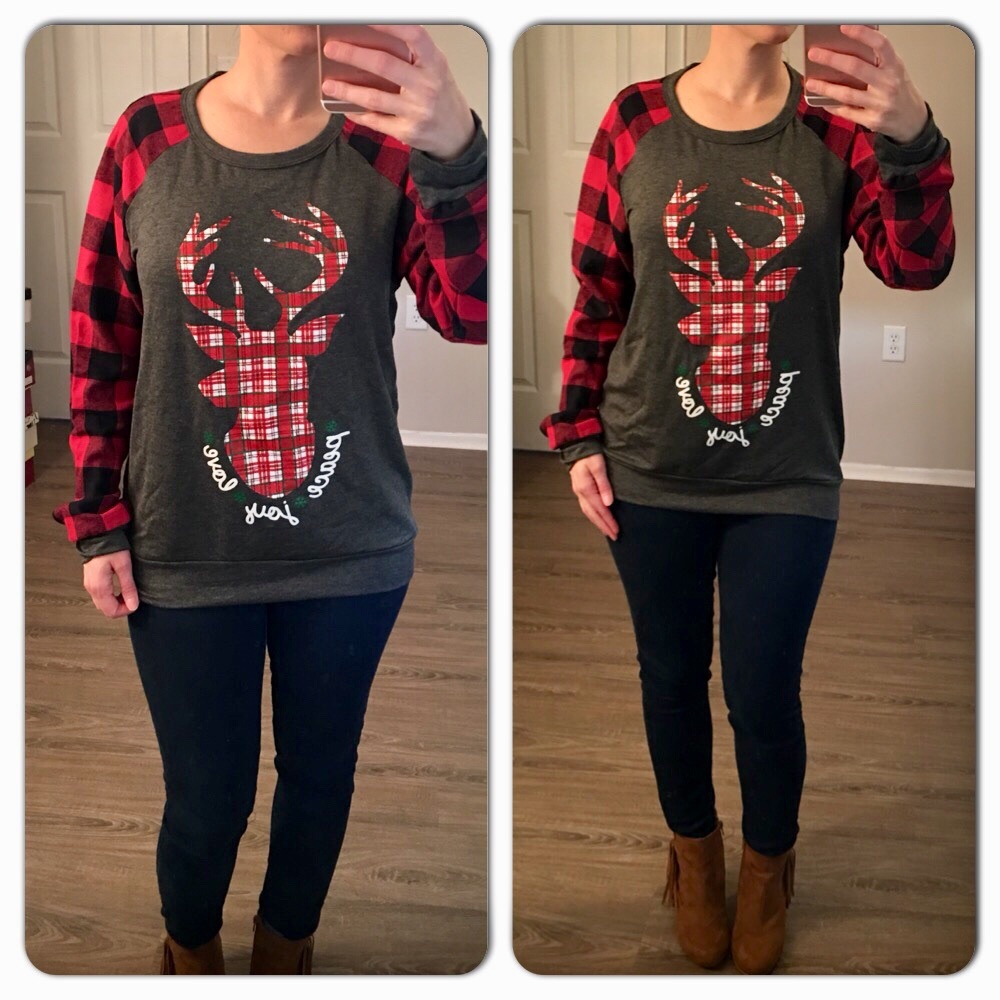 Reindeer Peace Joy Love Plaid Top 1 SMALL LEFT! - Picture 2 of 7