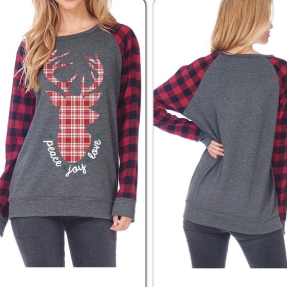 Reindeer Peace Joy Love Plaid Top 1 SMALL LEFT! - Picture 5 of 7