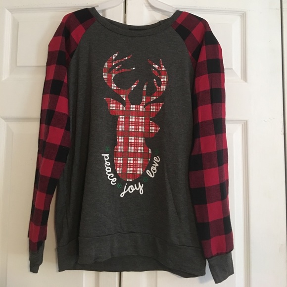 Reindeer Peace Joy Love Plaid Top 1 SMALL LEFT! - Picture 6 of 7