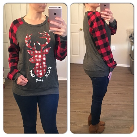 Reindeer Peace Joy Love Plaid Top 1 SMALL LEFT! - Picture 4 of 7