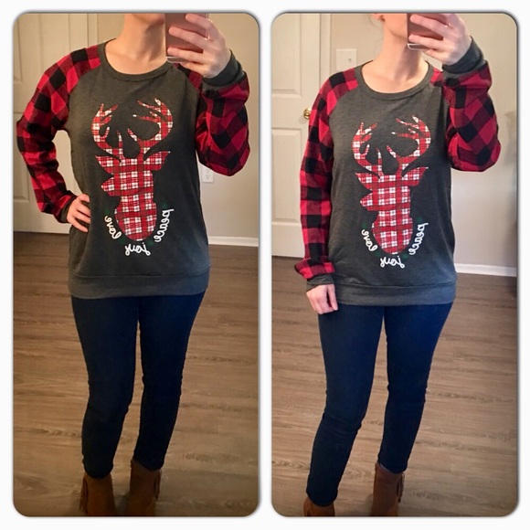 Reindeer Peace Joy Love Plaid Top 1 SMALL LEFT! - Picture 3 of 7