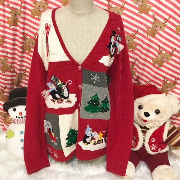 ⛄️ Ugly Christmas Button-Up Sweater 🐧🎄 sz XL - Picture 1 of 8