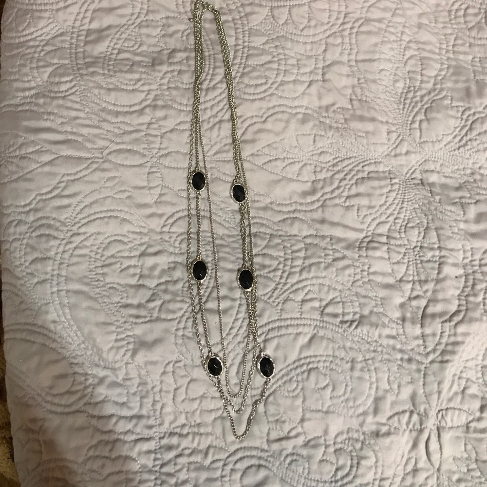 Triple Strand Black and Silver Long Necklace Set.