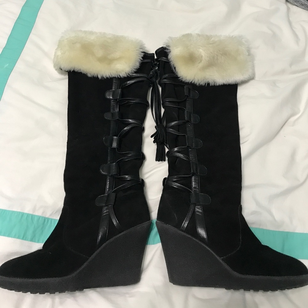Black Faux Fue Suede Knee High Boots