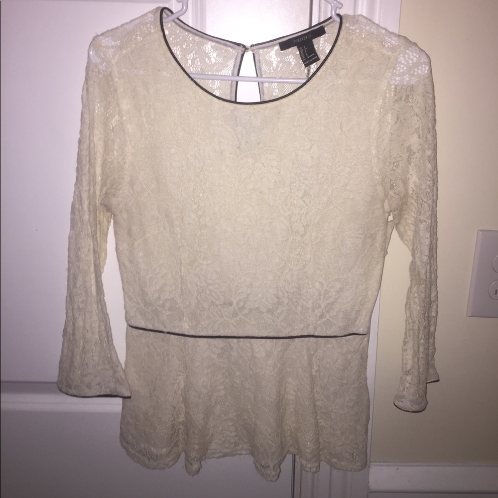 White lace peplum top with leather trim
