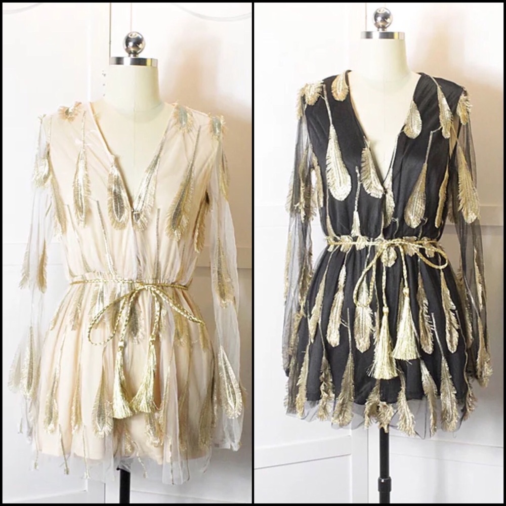 Sheer Gold Feather Embroidery Romper