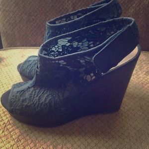 Sheer Black Lace Lucky Brand Peep toe Wedges