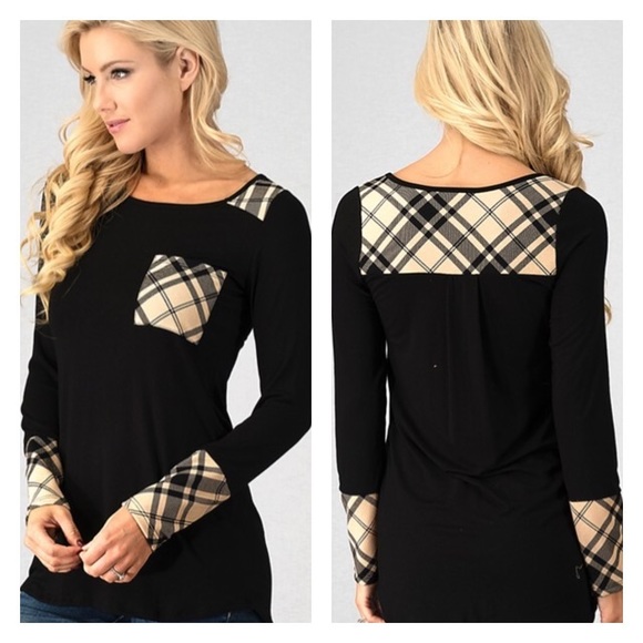 Last one!! Black Long Sleeve Top with plaid Detail - Picture 6 of 6