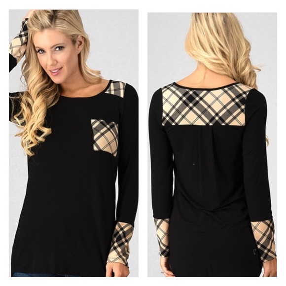 Last one!! Black Long Sleeve Top with plaid Detail - Picture 5 of 6
