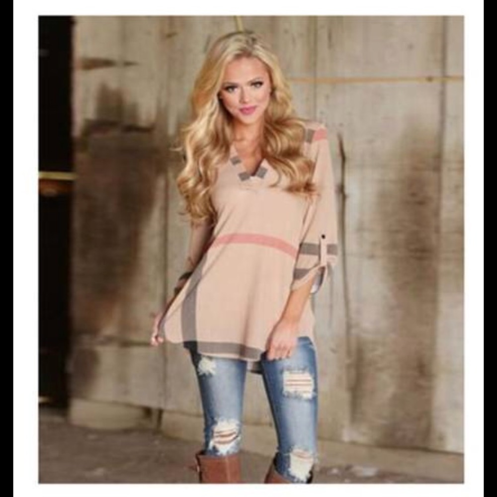 ARRIVED! Nude/Pink Plaid blouse with v neck