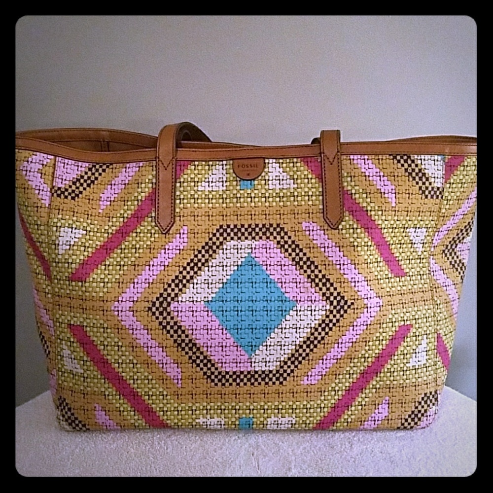 Fossil Sydney Geometric tan pink green blue Tote