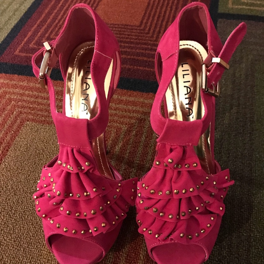 Pink 5 1/2 inch heel with gold stones on ruffles