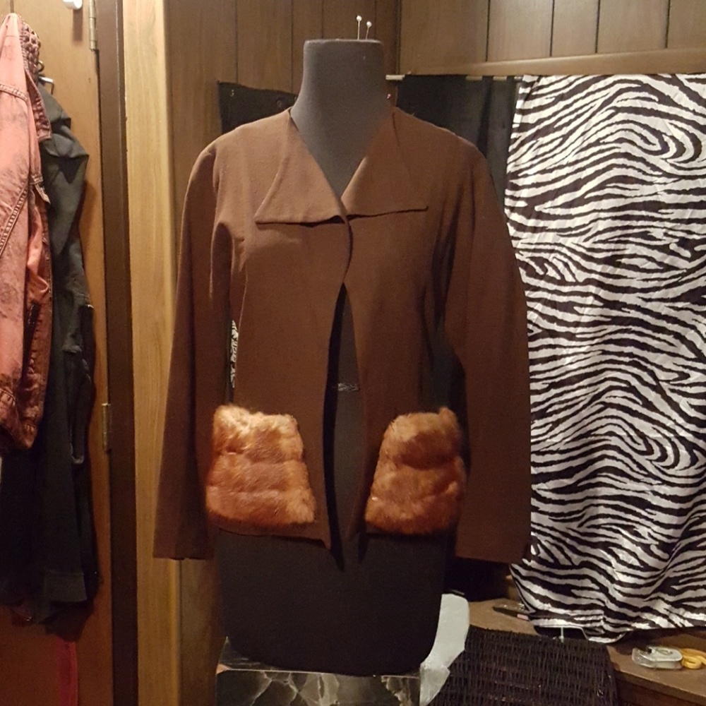 Vtg Brown Mink Fur Pocket Blazer Fly Away Jacket
