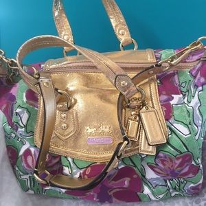 Coach purse floral print gold leather