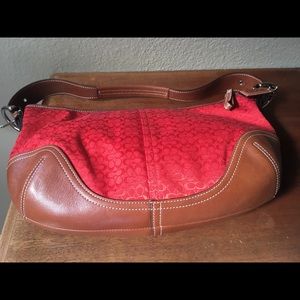 Red and brown leather coach purse