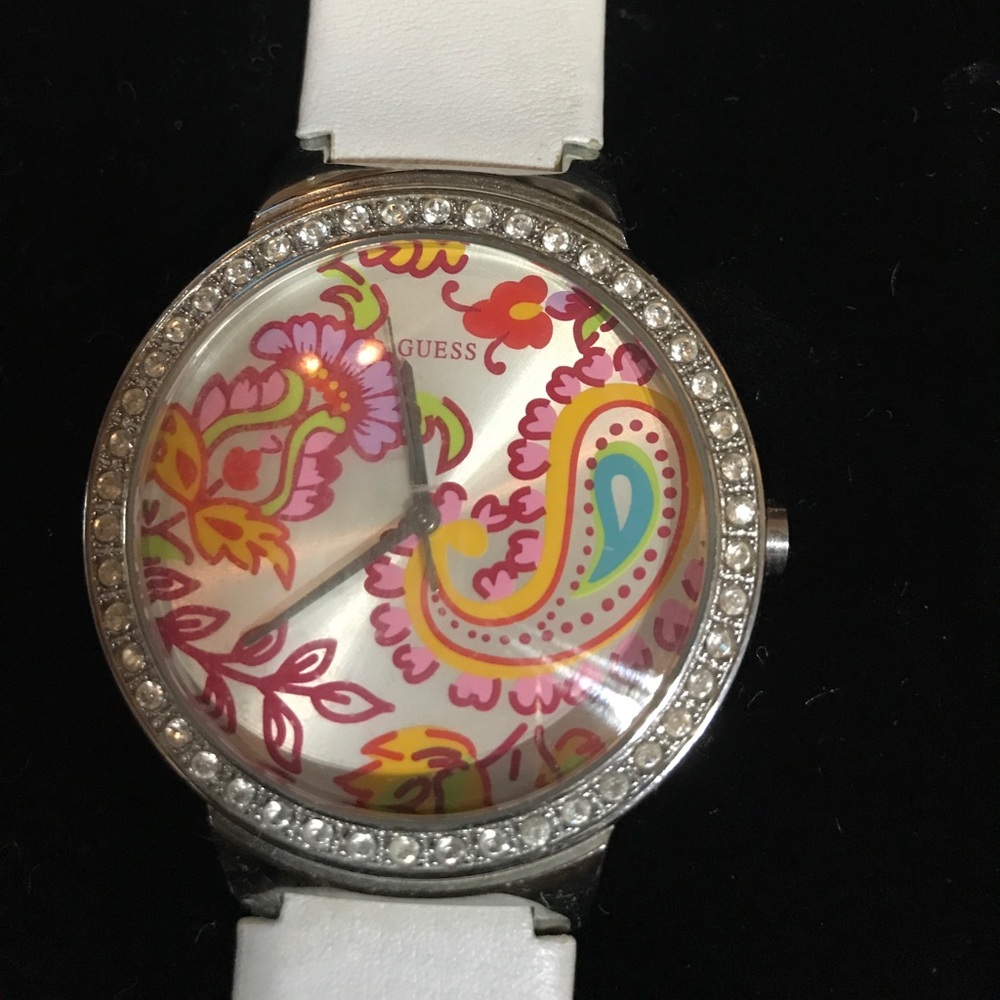 White Guess Watch w Paisley Face.