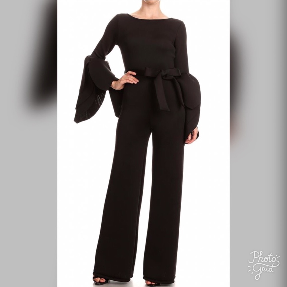 Black Layered Bell Sleeve Bodycon Jumpsuit