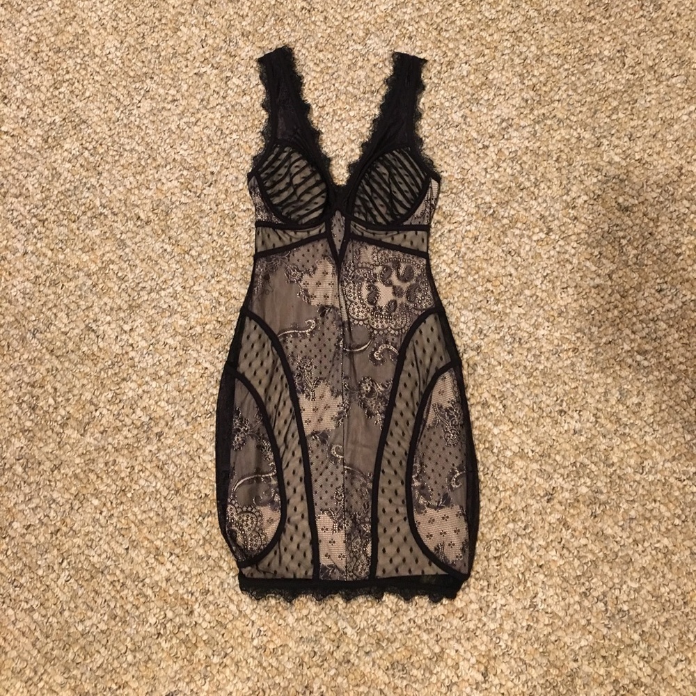 Nude and black lace mini dress