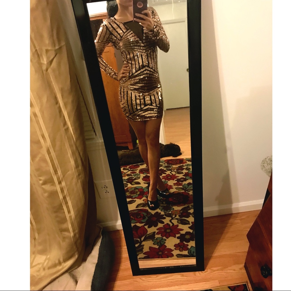 Black and copper sequin body con dress