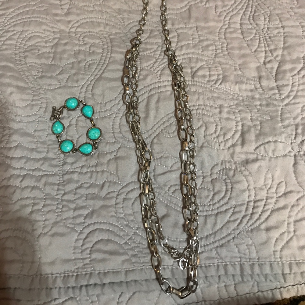 Silver Double Strand Necklace wTurquoise Bracelet