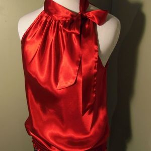 Ruby red satin flattering tie bow top