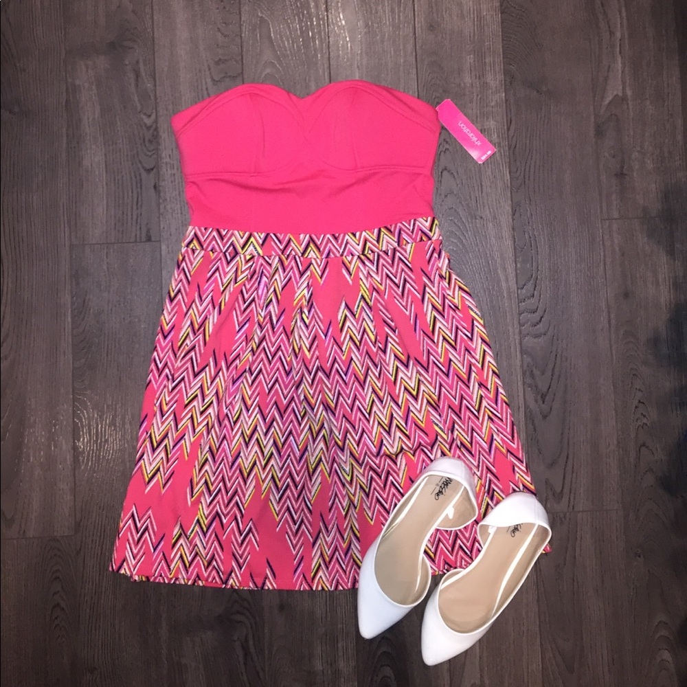 Chevron Strapless HOT PINK Dress