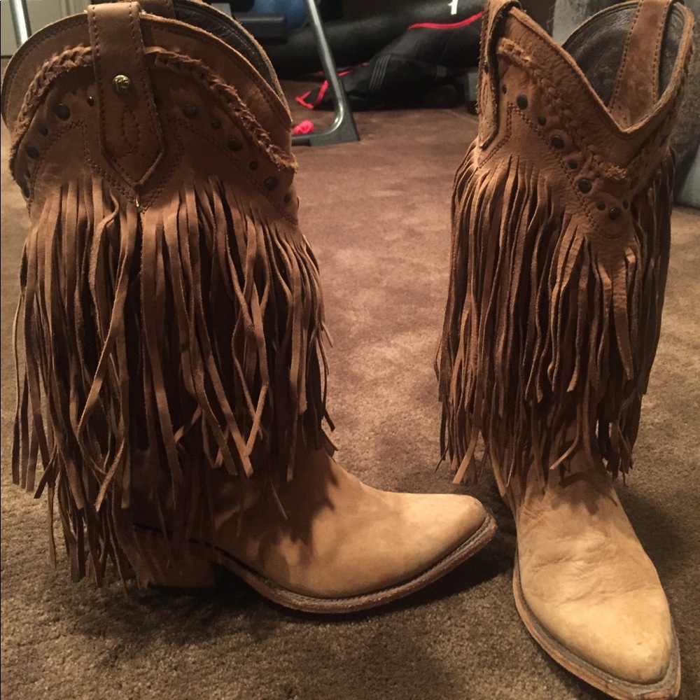 Leather fringe cowboy boots