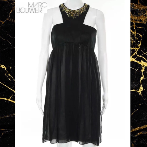 MARC BOUWER GLAMIT Blk/Gold Bead Sheer Panel Dress - Picture 1 of 6