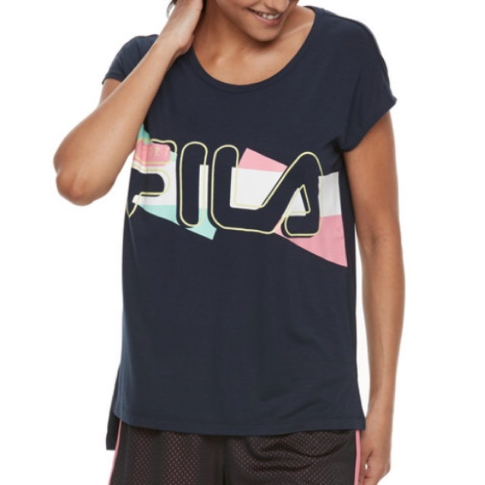FILA Sport Step Hem Graphic Logo Tee Shirt Dark Navy Blue Women’s