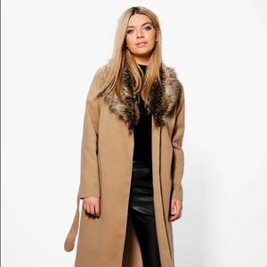 Boohoo faux fur wrap coat in tan