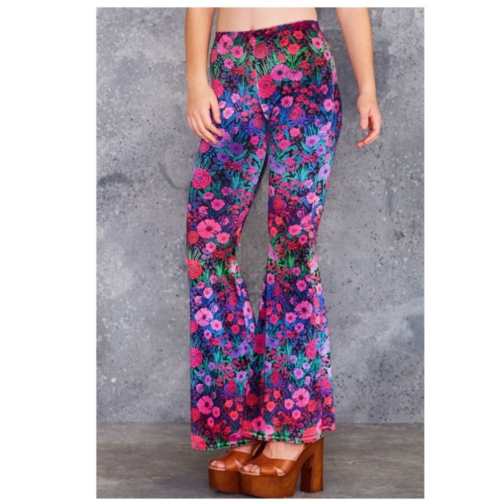 NWT Psychedelic Night Garden Velvet Bell Bottoms