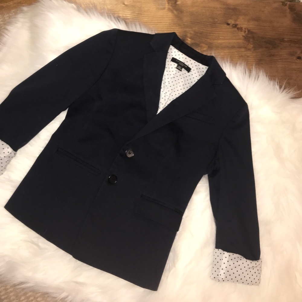Petit Ann Taylor navy blazer with polka dot lining