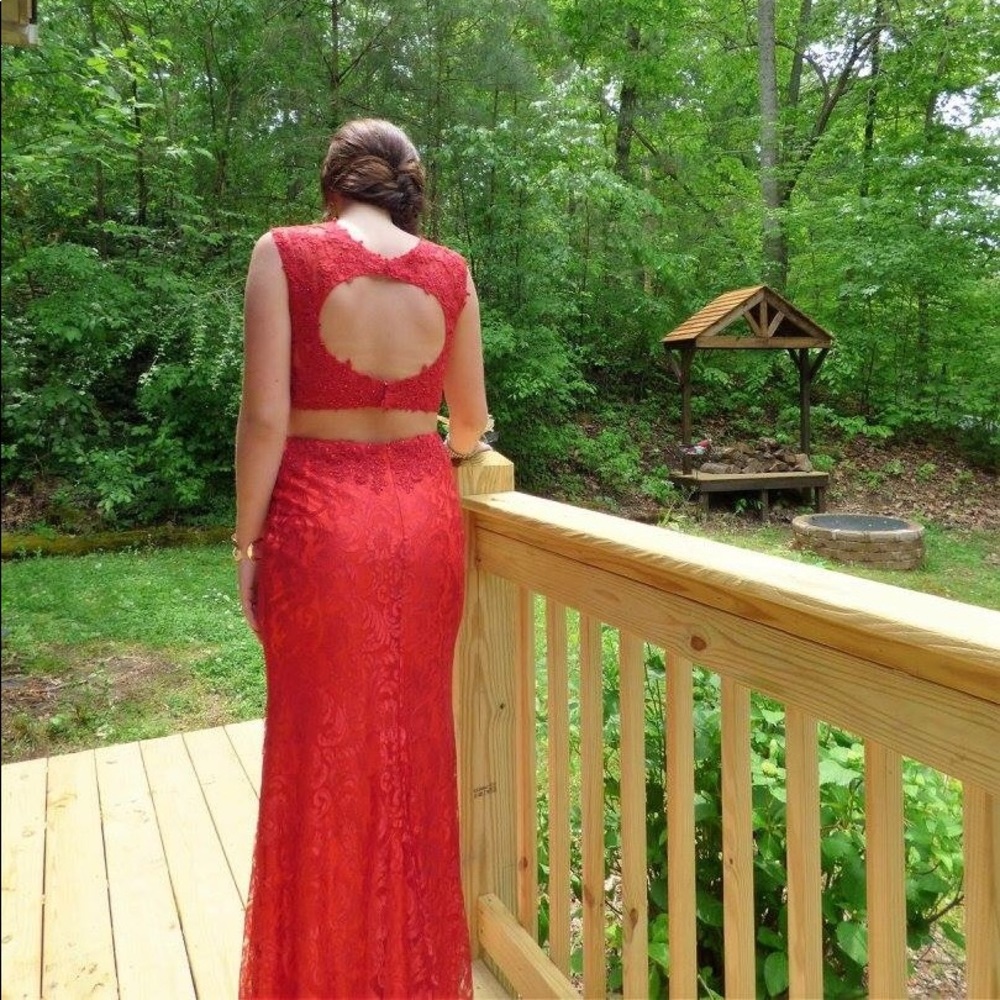 SOLD!!! Red Lace Two Piece Prom Dress