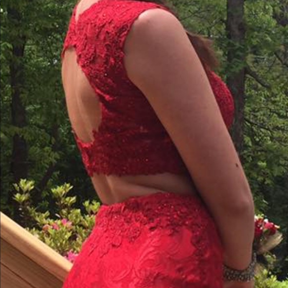 SOLD!!! Red Lace Two Piece Prom Dress - Picture 3 of 6