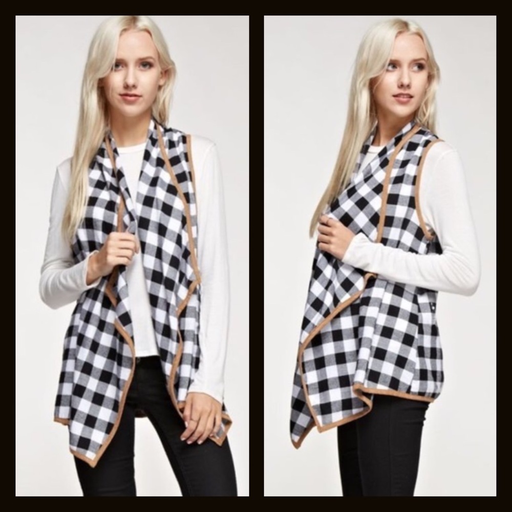Black & White Buffalo Plaid Vest w Tan Leather