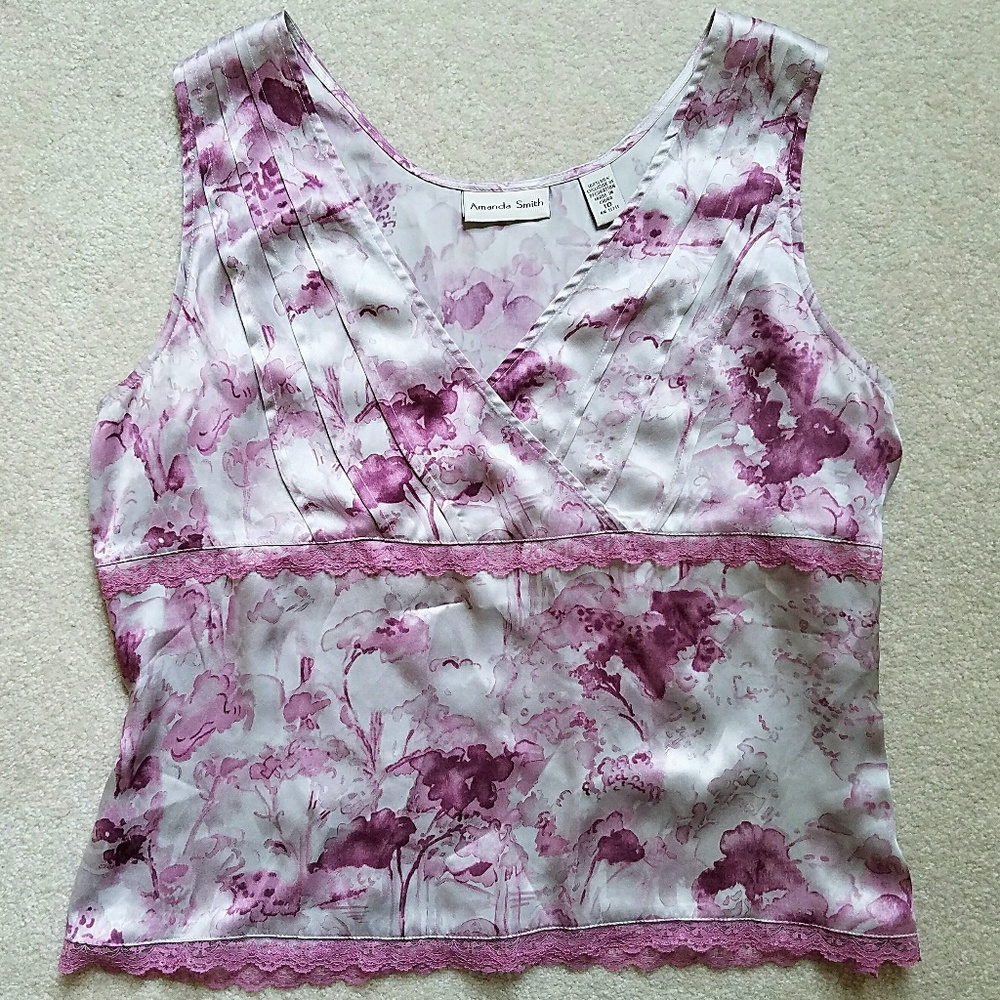 🐩 AMANDA SMITH 100% Silk Pink Cami Top w/ Lace