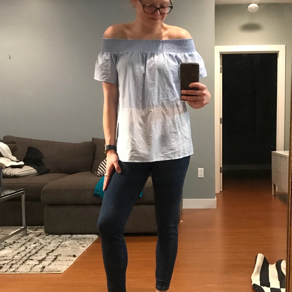 Light blue off the shoulder top