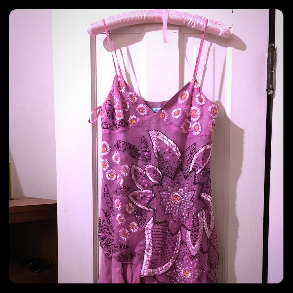 Marciano silk, hand beaded, pink cocktail dress