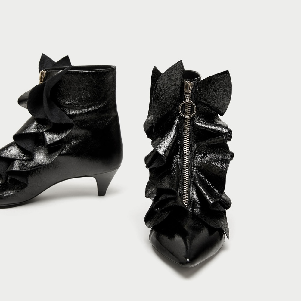 Zara Ruffled Genuine Leather Ankle Boots NWT